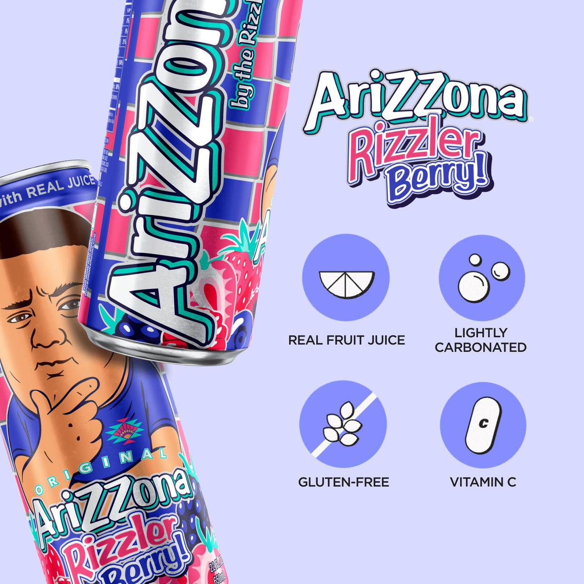 AriZona Rizzler Berry label close-up with tropical fruit graphics for flavor discovery