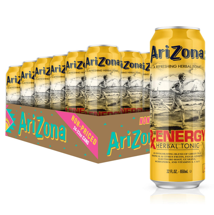 Arizona Rx Energy big can on display offers a refreshing herbal energy boost for workouts