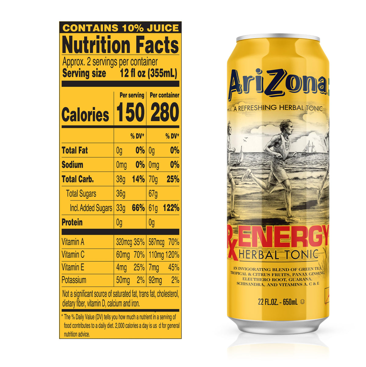 Arizona Rx Energy can close-up label highlights Panax and Guarana for workout support