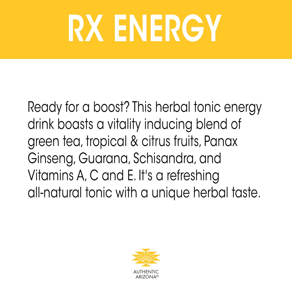 Arizona Rx Energy label close-up emphasizes 100% natural ingredients and reformulation