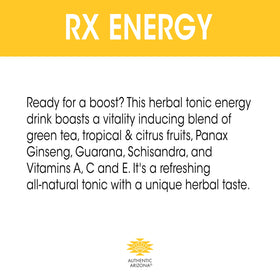 Arizona Rx Energy label close-up emphasizes 100% natural ingredients and reformulation