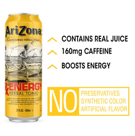 Arizona Rx Energy pouring action shows tropical citrus flavor and natural ingredients