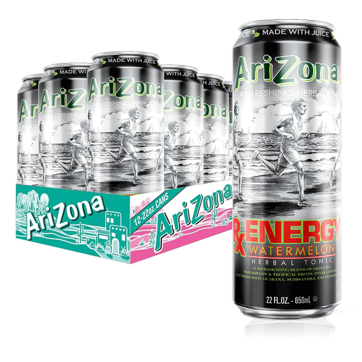 AriZona Rx Energy Watermelon big can front view showing energy-boosting beverage for busy afternoons