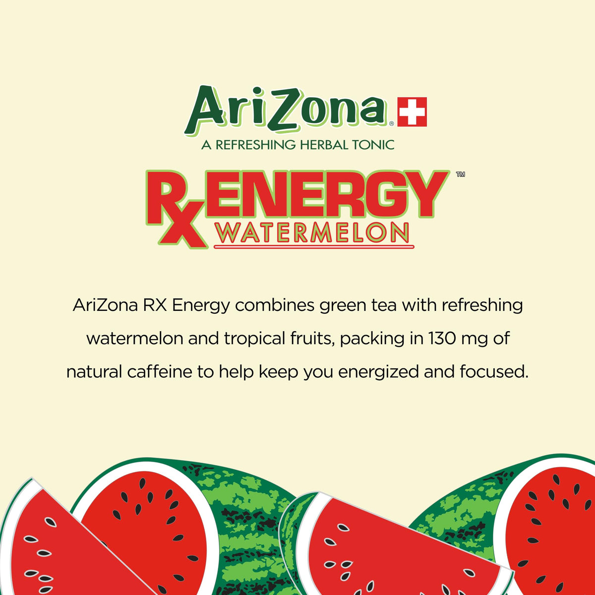 AriZona Rx Energy Watermelon splash scene emphasizing fresh fruit flavor and refreshing pour