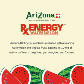 AriZona Rx Energy Watermelon splash scene emphasizing fresh fruit flavor and refreshing pour