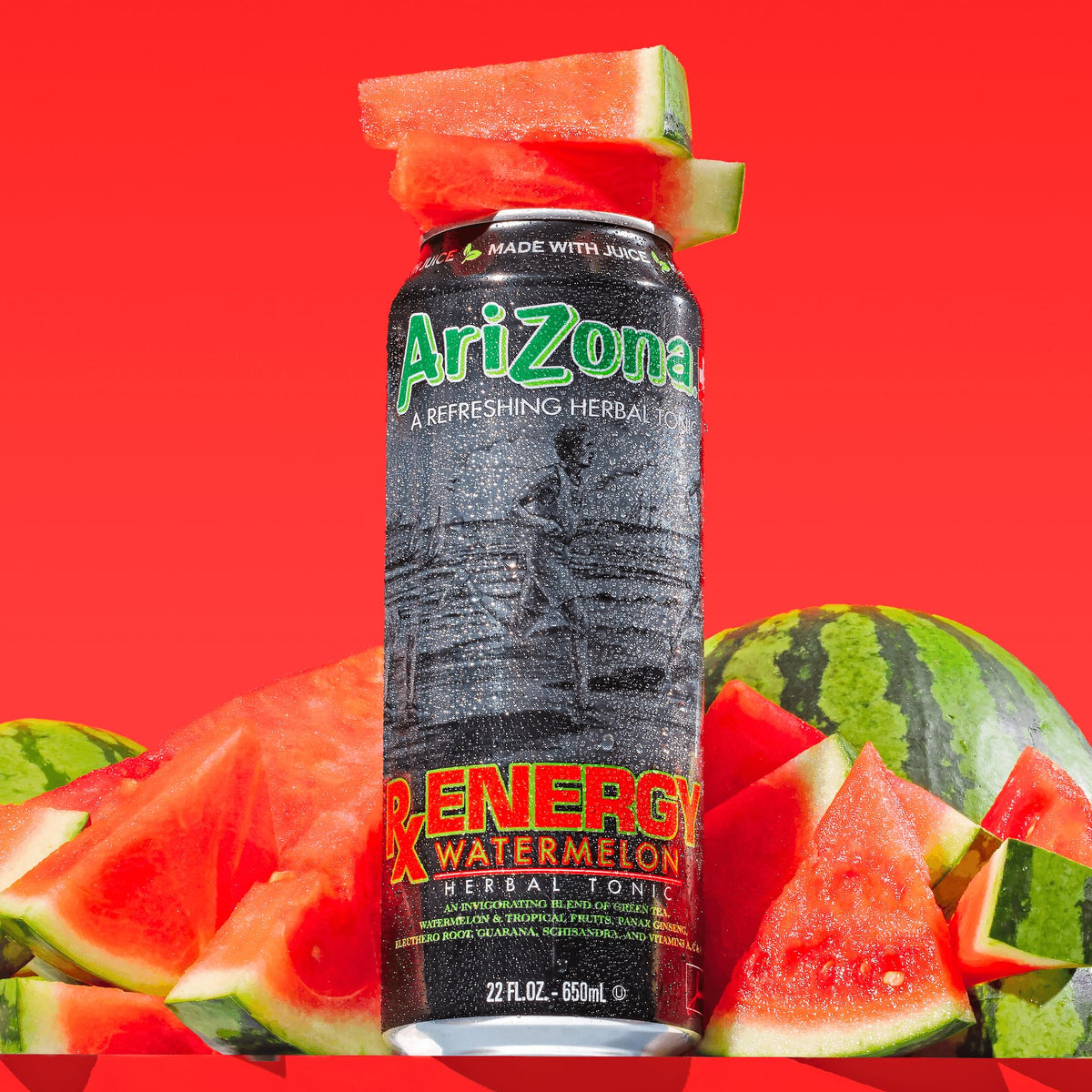 Close-up of AriZona Rx Energy Watermelon green tea base highlighting natural caffeine blend
