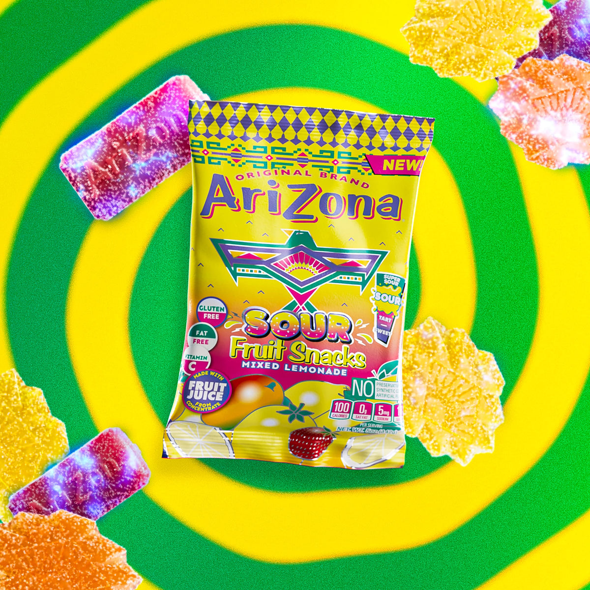 Arizona Sour Lemonade fruit snacks nutrition panel highlights 100 calories per serving.