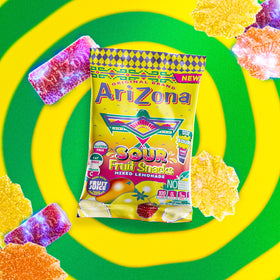 Arizona Sour Lemonade fruit snacks nutrition panel highlights 100 calories per serving.