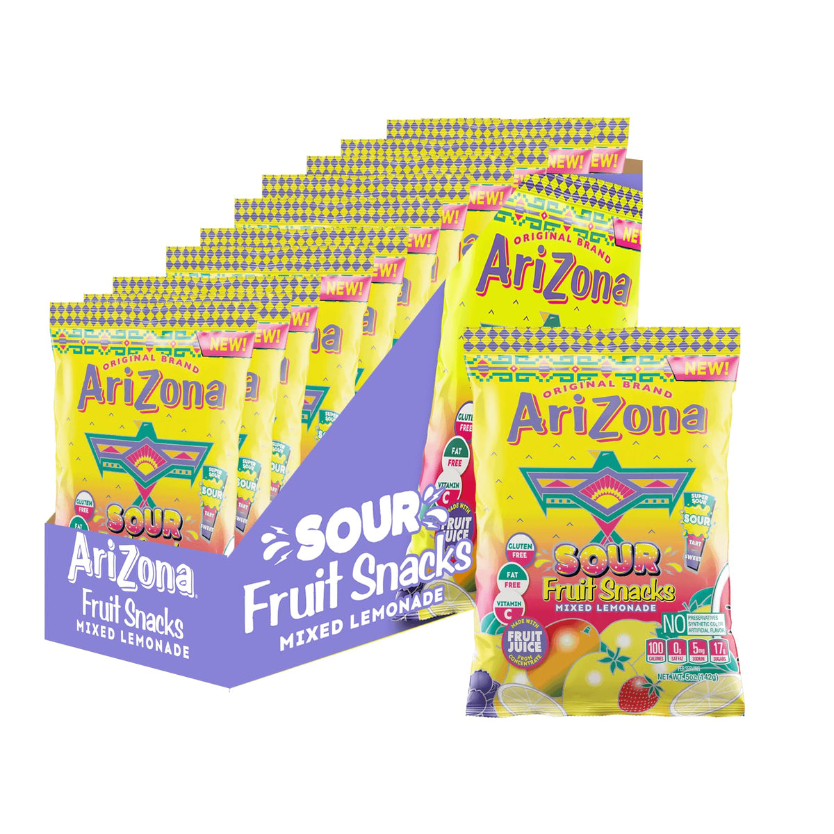 Arizona Sour Lemonade Fruit Snacks pack of 12, great for on-the-go snacking.