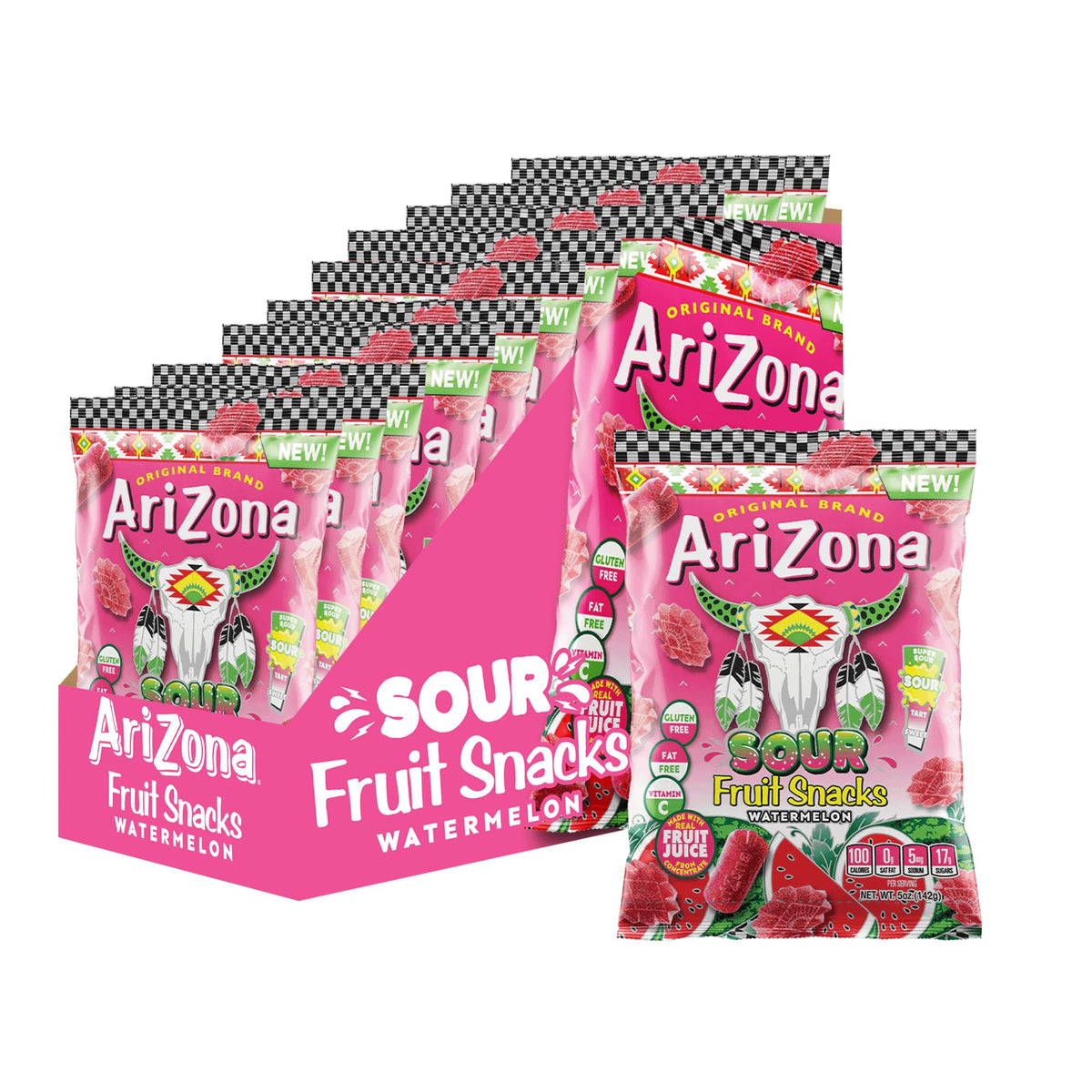 AriZona Sour Watermelon fruit snacks 12-pack bags, gluten-free and low-calorie for busy days.