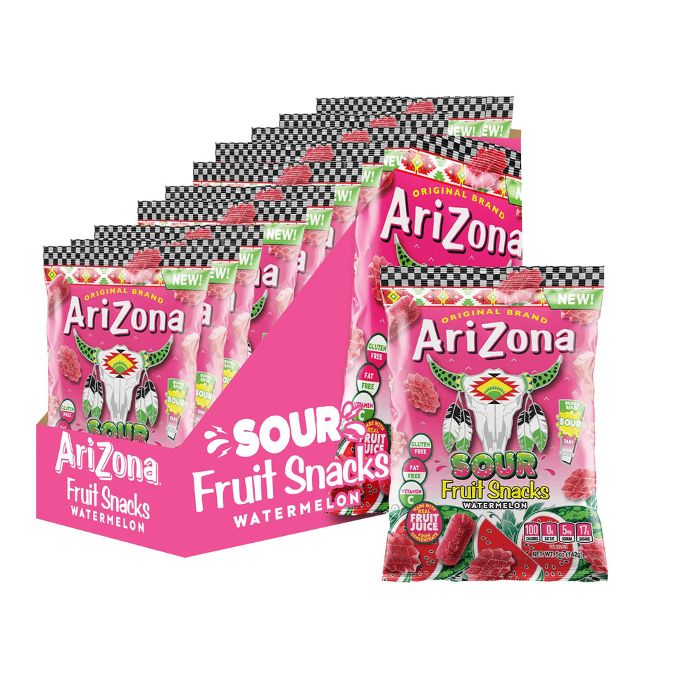 AriZona Sour Watermelon fruit snacks 12-pack bags, gluten-free and low-calorie for busy days.