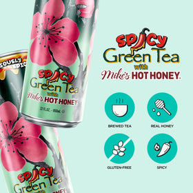 Close-up of AriZona Spicy Green Tea bottle with honey drizzle, warm heat meeting cool tea