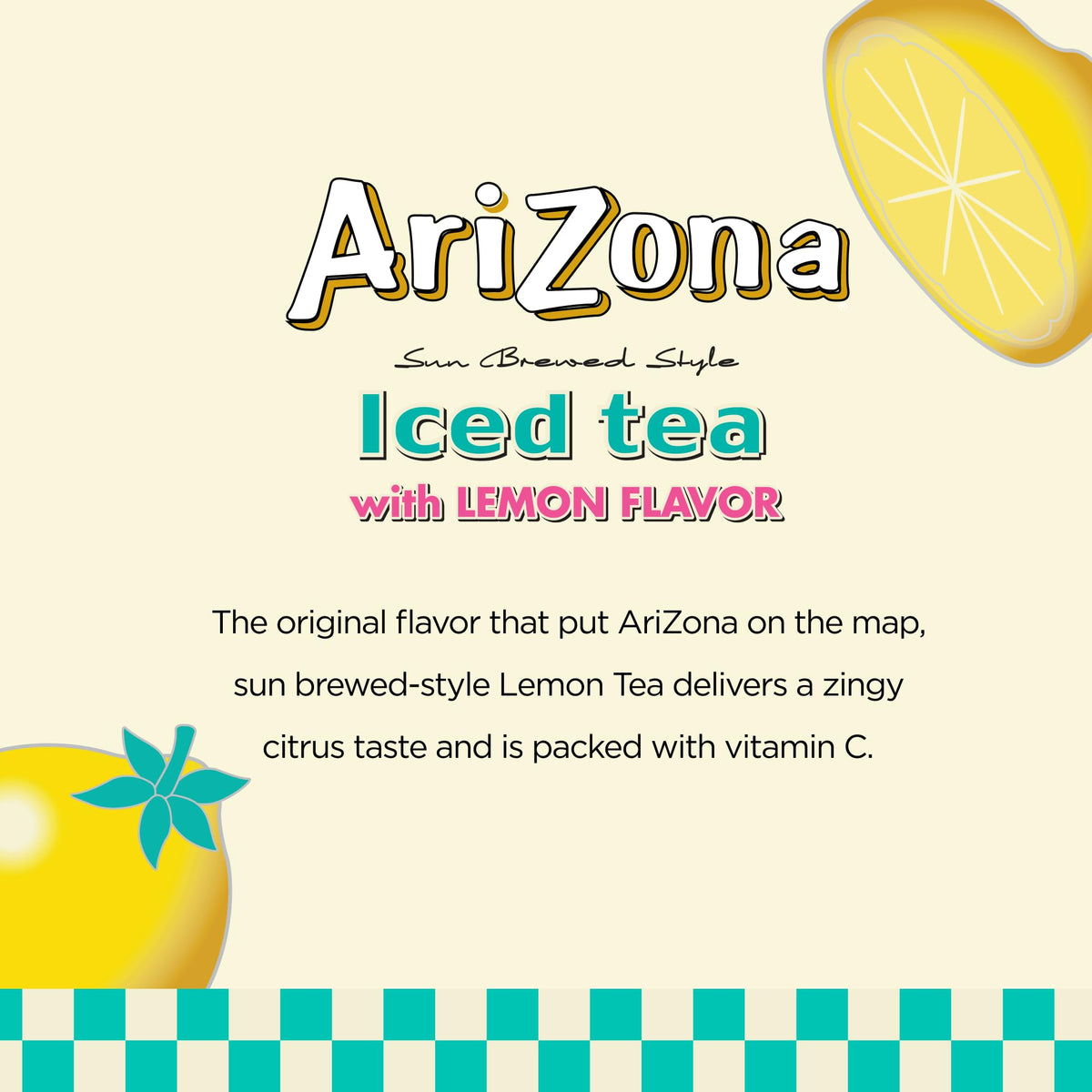 Arizona Tea 12-pack lemon bottles with label closeup highlighting quality ingredients.