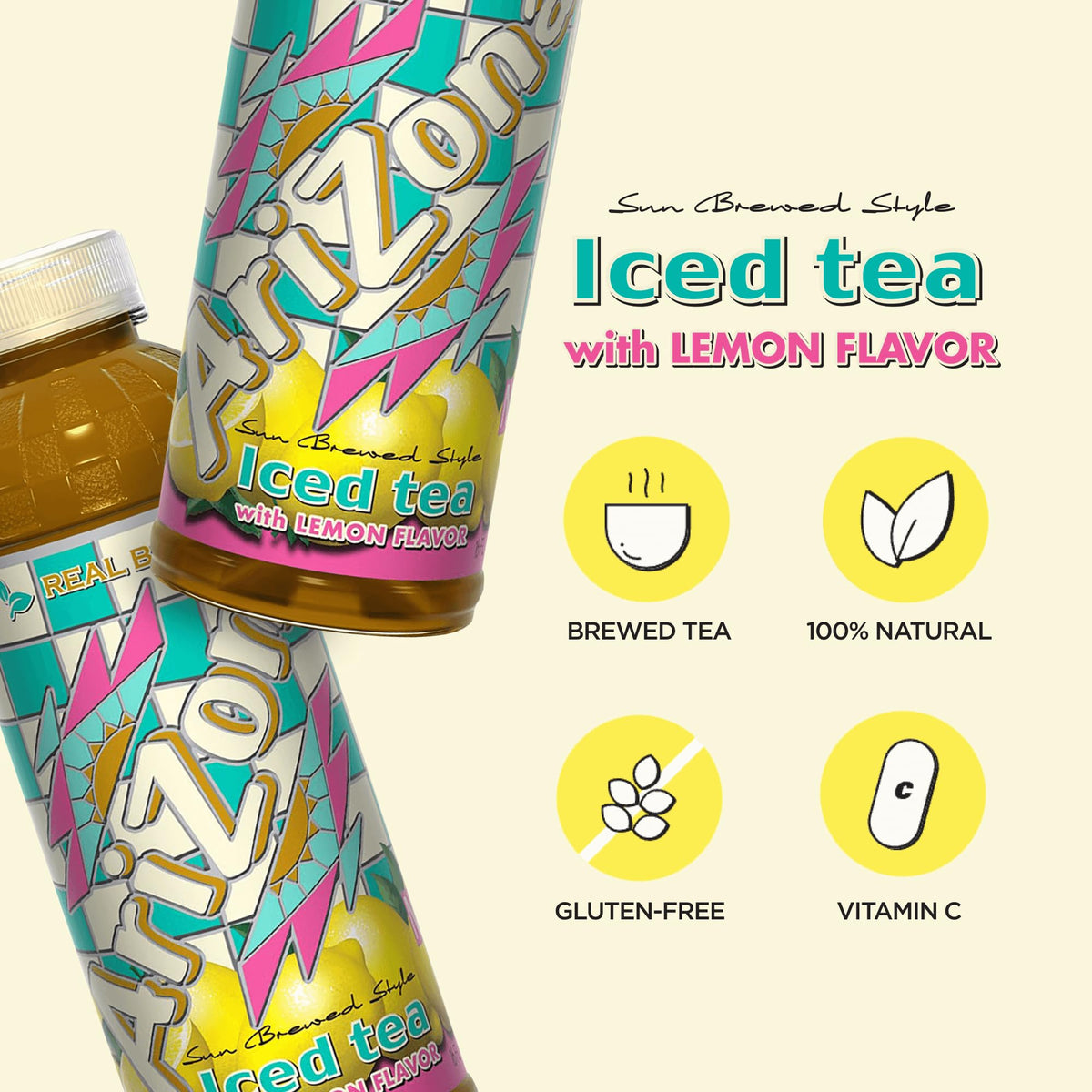 Arizona Tea lemon bottle pouring, ideal for quick breaks and portability.