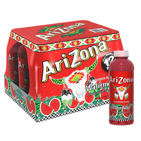 AriZona Watermelon bottle pouring refreshing juice with real fruit flavor, ideal for on-the-go hydration.