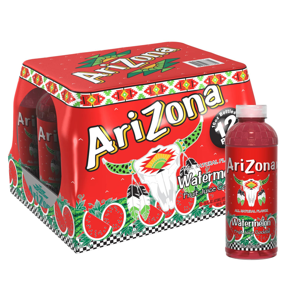 AriZona Watermelon bottle pouring refreshing juice with real fruit flavor, ideal for on-the-go hydration.