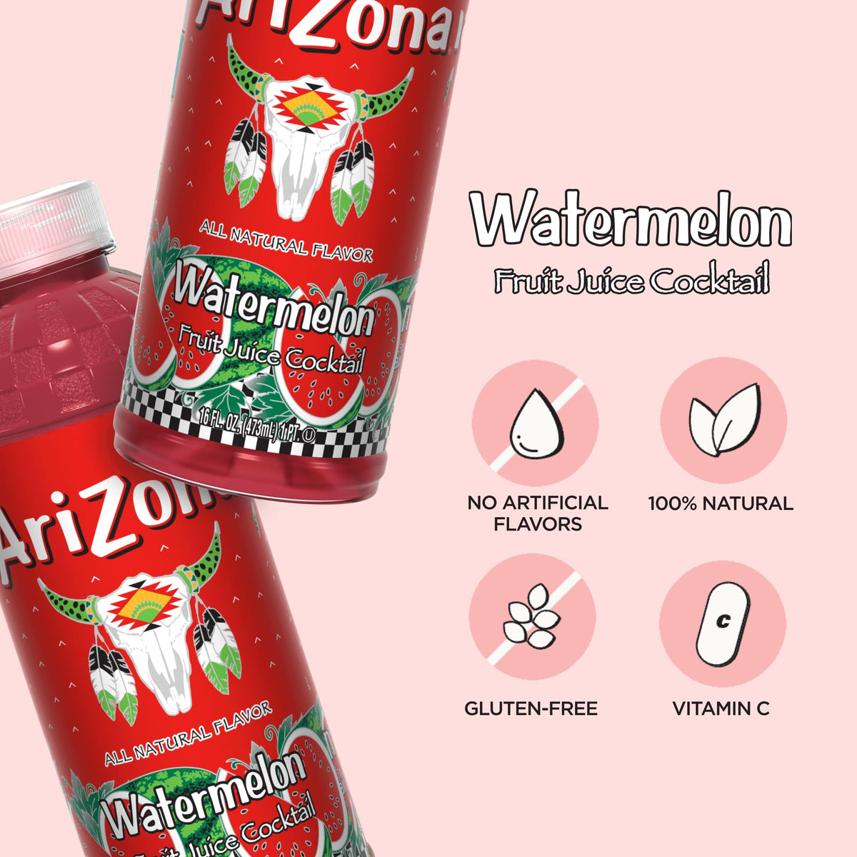 AriZona Watermelon 16 oz can with ice in a glass, showcasing natural color for refreshing moments.