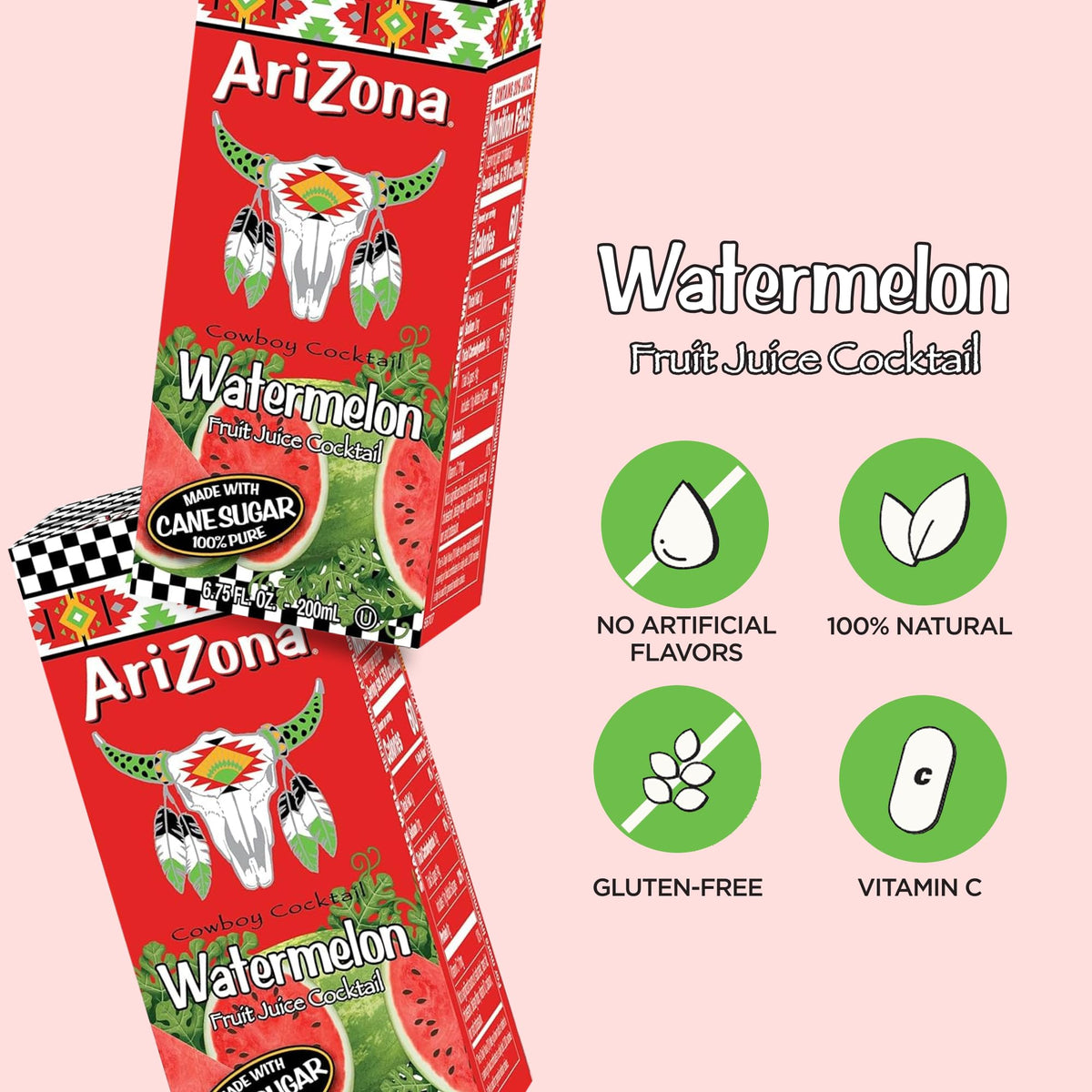 Close-up of AriZona Watermelon Drink tetra box graphics highlighting juicy flavor.