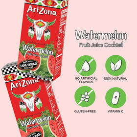 Close-up of AriZona Watermelon Drink tetra box graphics highlighting juicy flavor.