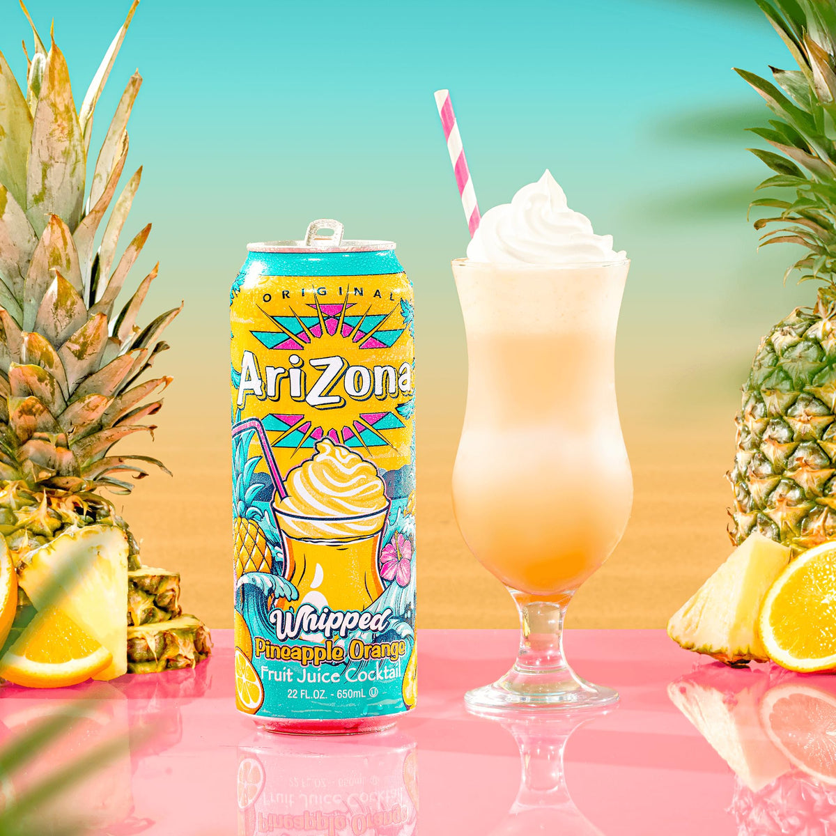 Closeup of AriZona Whipped Pineapple Orange creamy swirl for tropical richness
