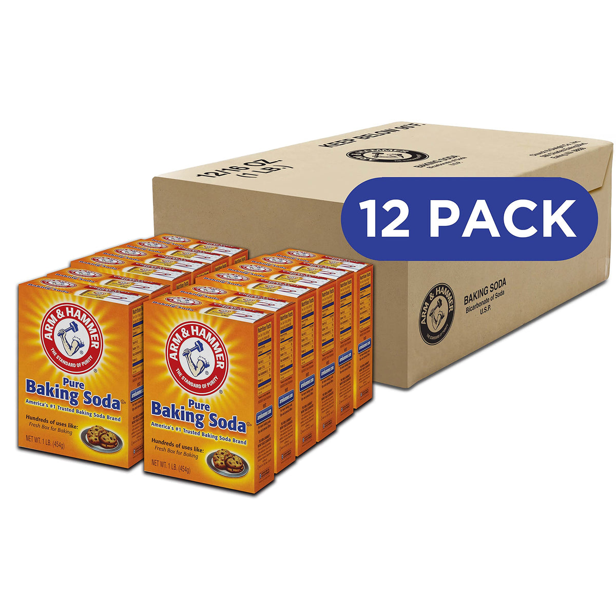 Arm & Hammer Baking Soda box packaging shows a versatile home cleaner and deodorizer.