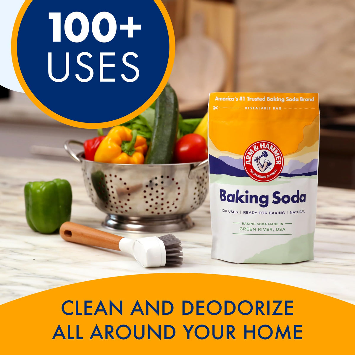 Made in USA Arm & Hammer baking soda supports clean recipes and home uses.