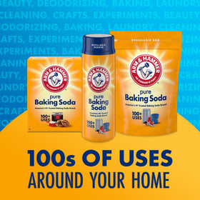 Arm & Hammer Baking Soda open box closeup features fine powder for many tasks.