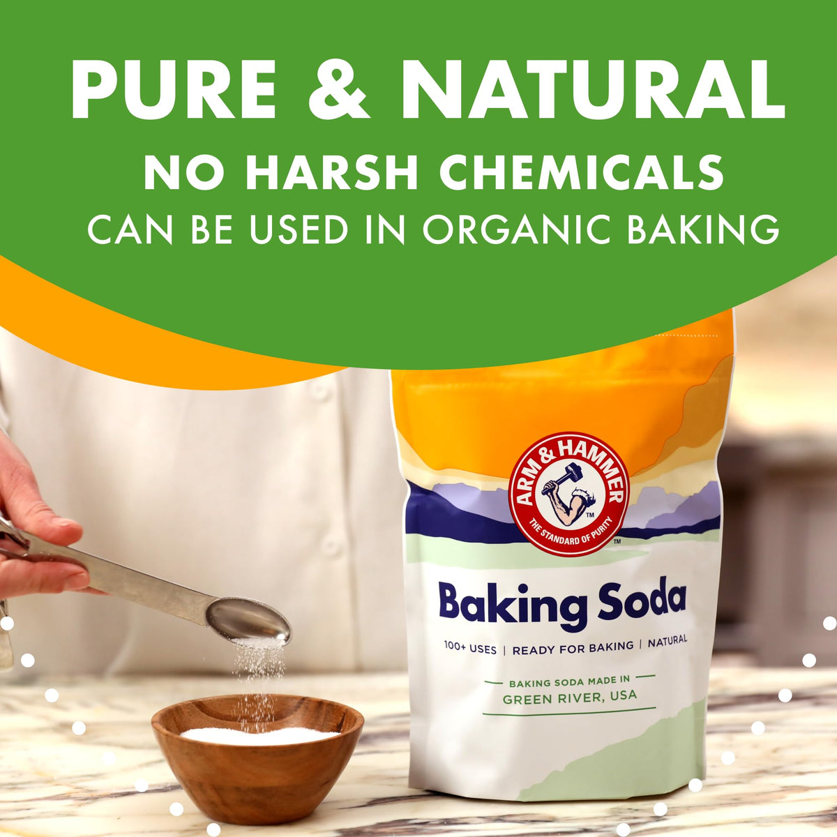 Pure and natural Arm & Hammer baking soda ideal for fluffy baked goods.