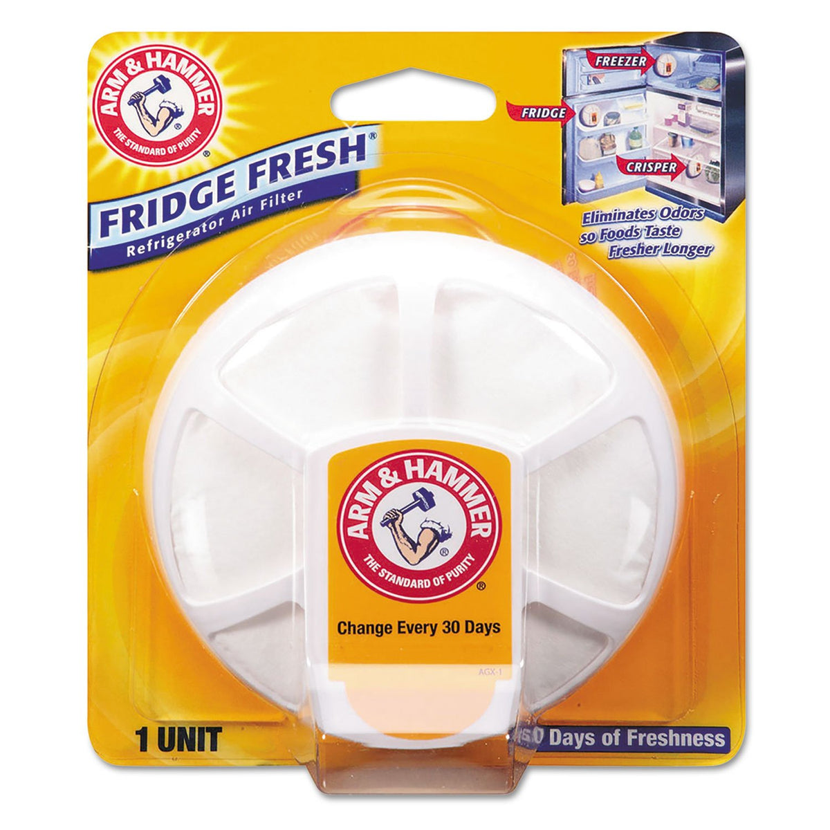 Arm & Hammer Fridge Fresh baking soda unit for odor control and 30 days of fridge freshness.