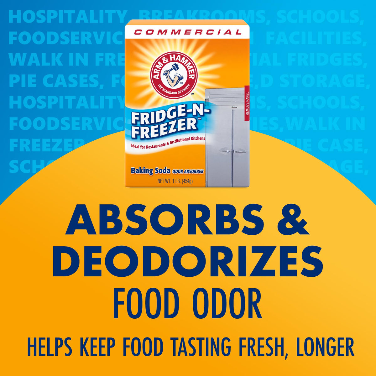 Arm & Hammer Fridge-N-Freezer Professional inside a commercial fridge for odor control.