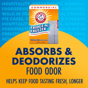 Arm & Hammer Fridge-N-Freezer Professional inside a commercial fridge for odor control.