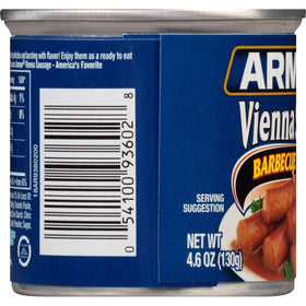 Cans on shelf: Armour Star barbecue Vienna sausage for quick, savory snacks.