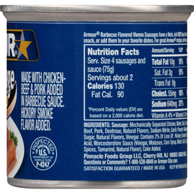 Armour Star barbecue Vienna sausage blends chicken, beef and pork for rich flavor.