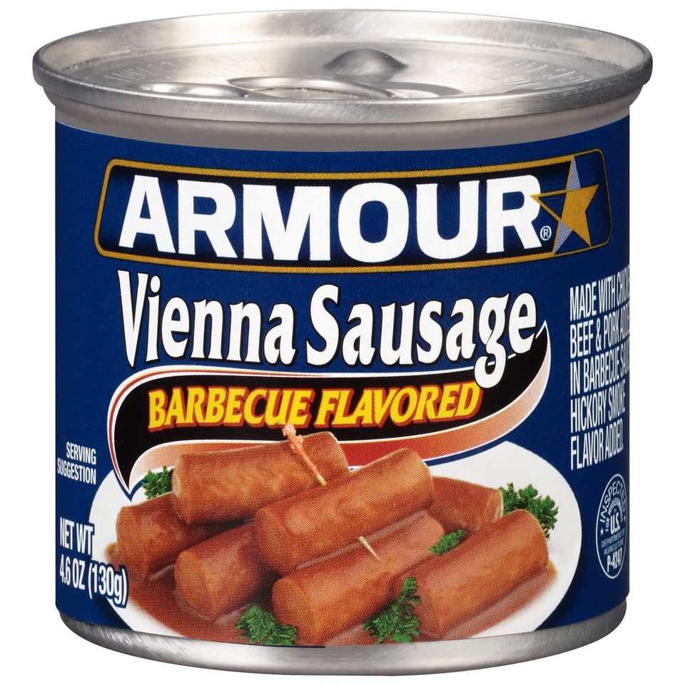 Armour Star barbecue Vienna sausage cans in a 24-pack ready for pantry storage.