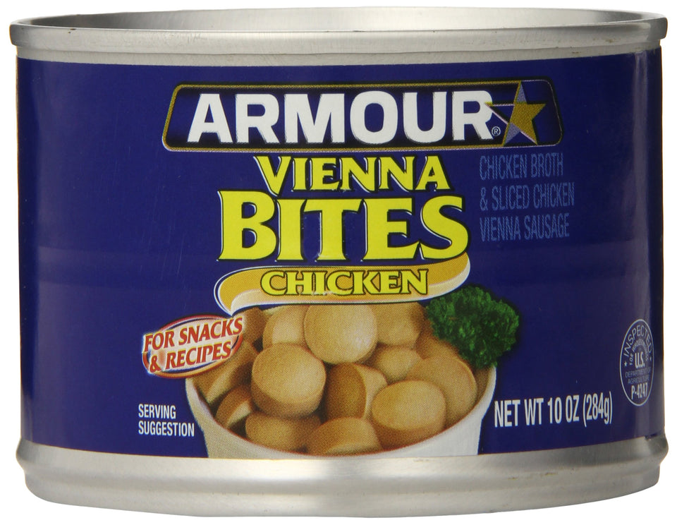 Armour Star Chicken Vienna Bites in a can, pantry snack use