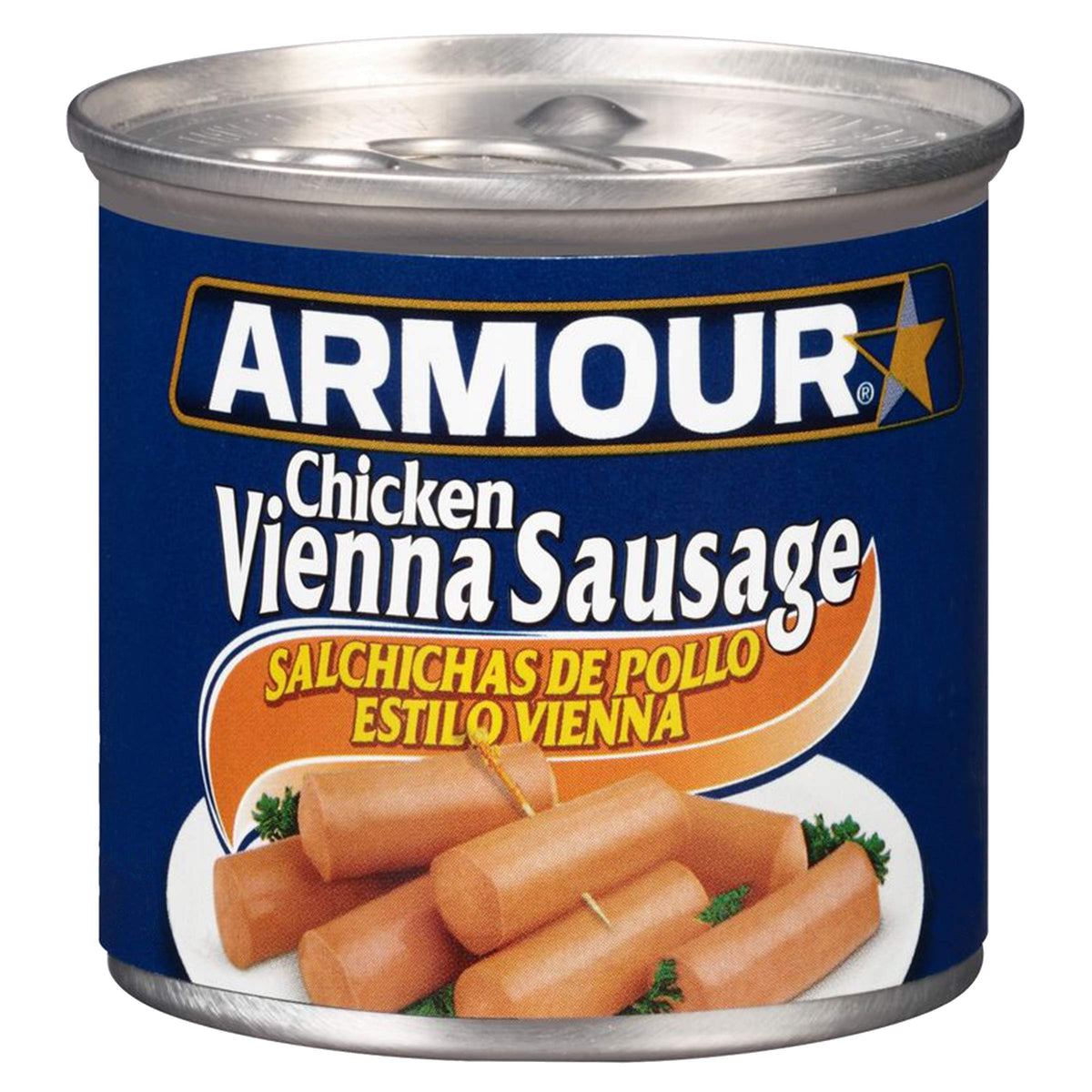 Armour Star Chicken Vienna Sausage can front, ready to eat as a quick snack.