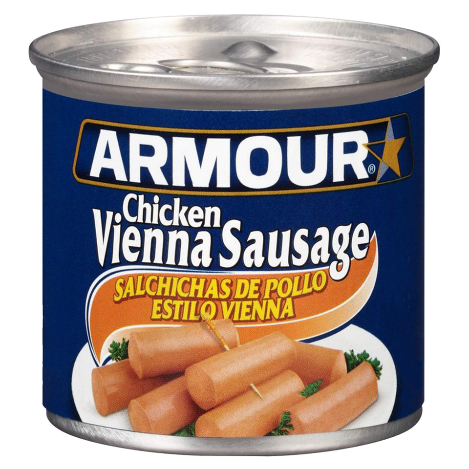 Armour Star Chicken Vienna Sausage can front, ready to eat as a quick snack.