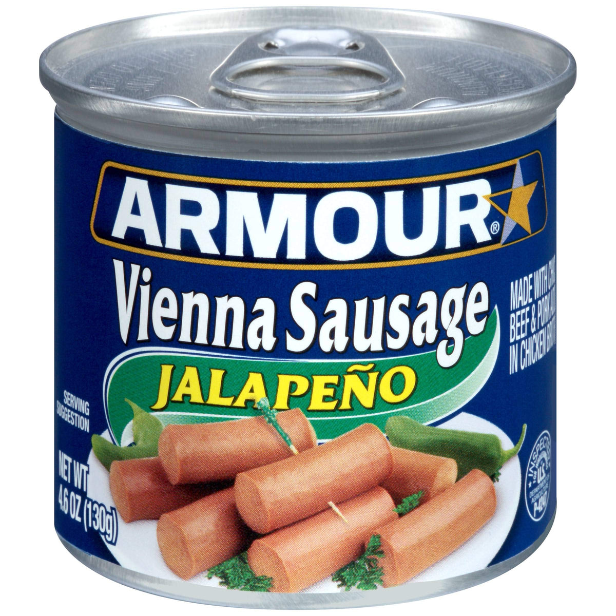 Armour Star Jalapeño Vienna Sausage can, a ready-to-eat spicy snack ideal for pantry meals