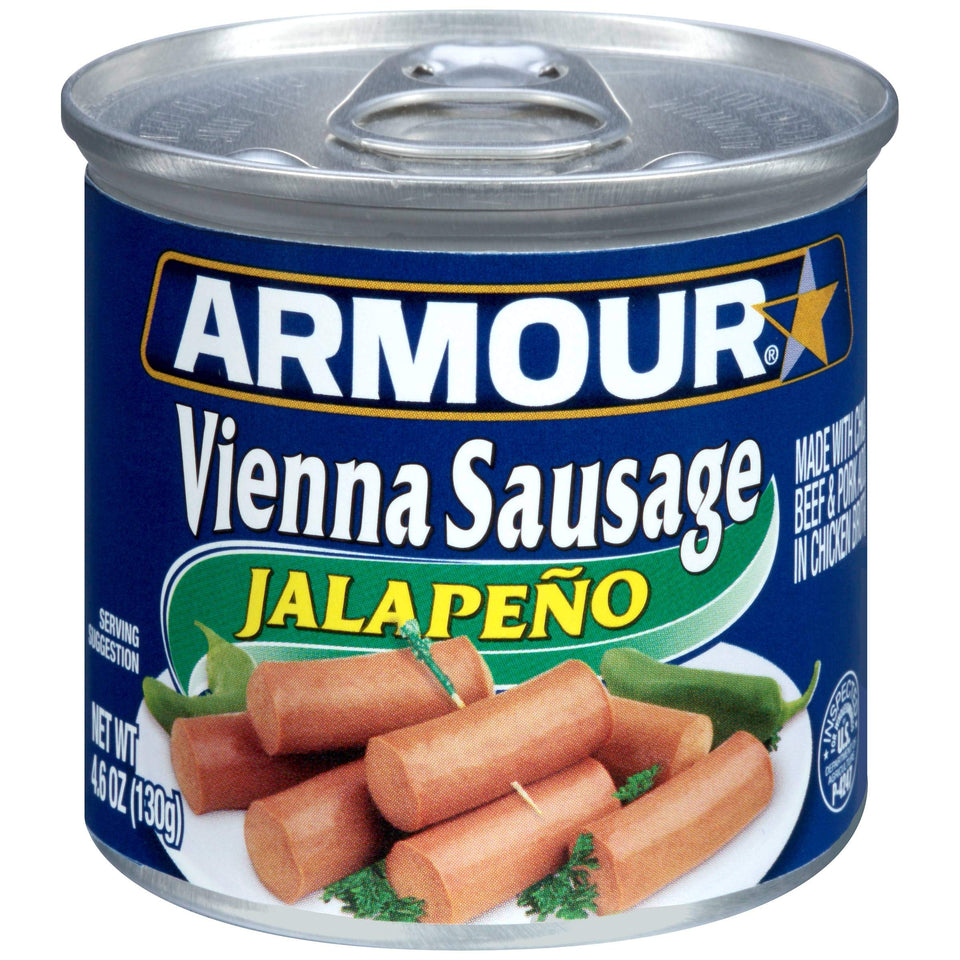 Armour Star Jalapeño Vienna Sausage can, a ready-to-eat spicy snack ideal for pantry meals