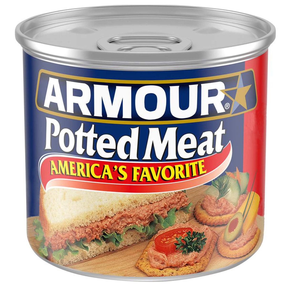 Armour Star Potted Meat can front view, ready-to-eat protein for quick meals.