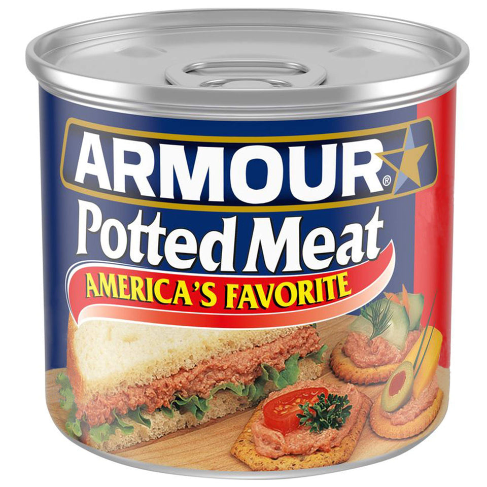 Armour Star Potted Meat can front view, ready-to-eat protein for quick meals.