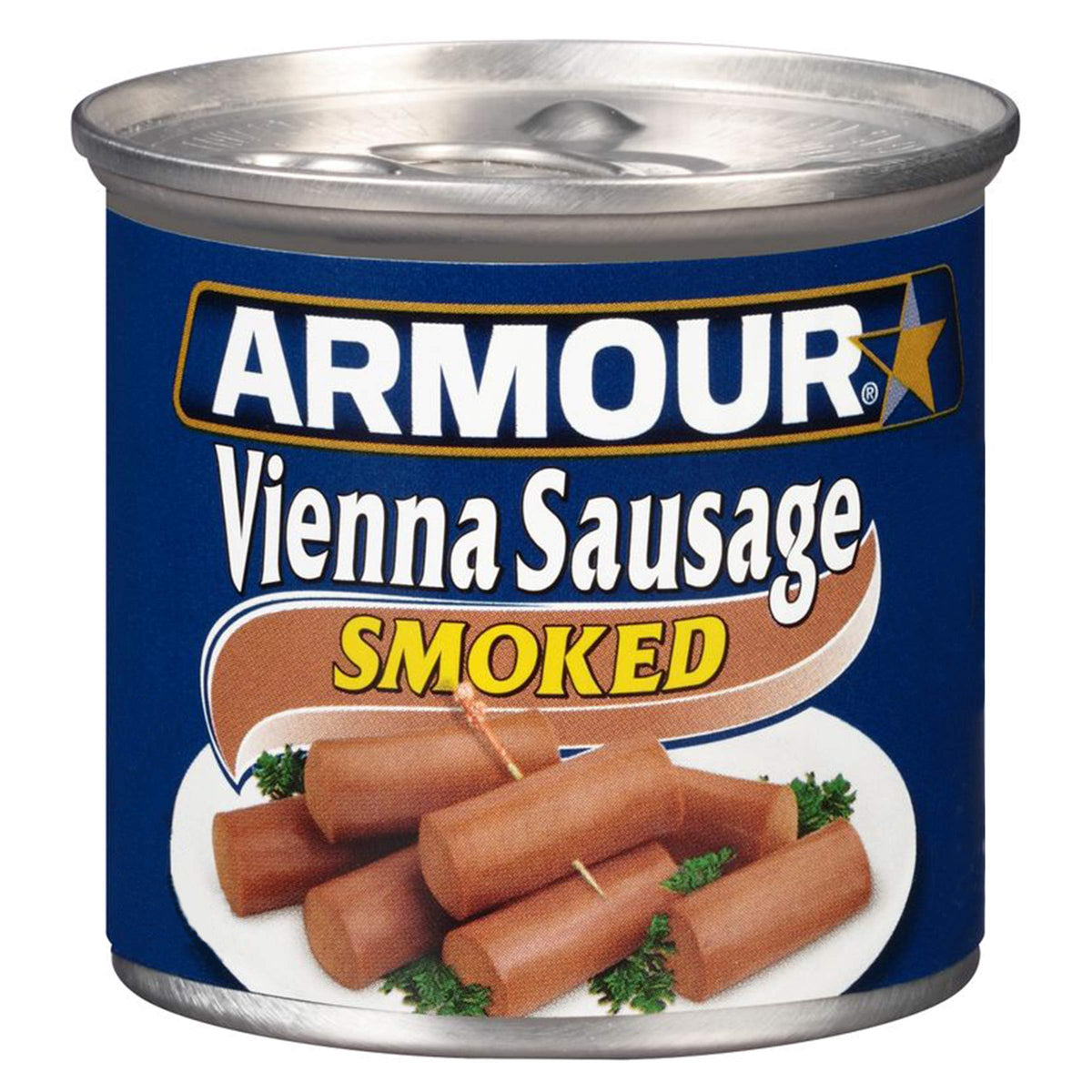 Armour Star smoked Vienna sausage can, ready-to-eat snack with smoky flavor.