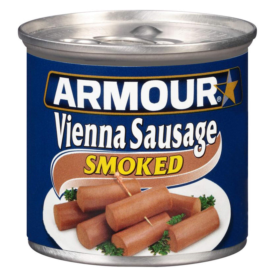 Armour Star smoked Vienna sausage can, ready-to-eat snack with smoky flavor.