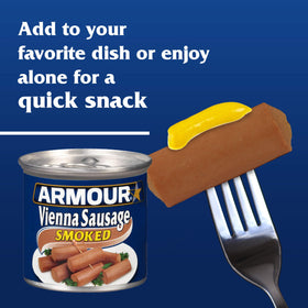Armour Star smoked Vienna sausage opened can, convenient pantry staple for quick meals.