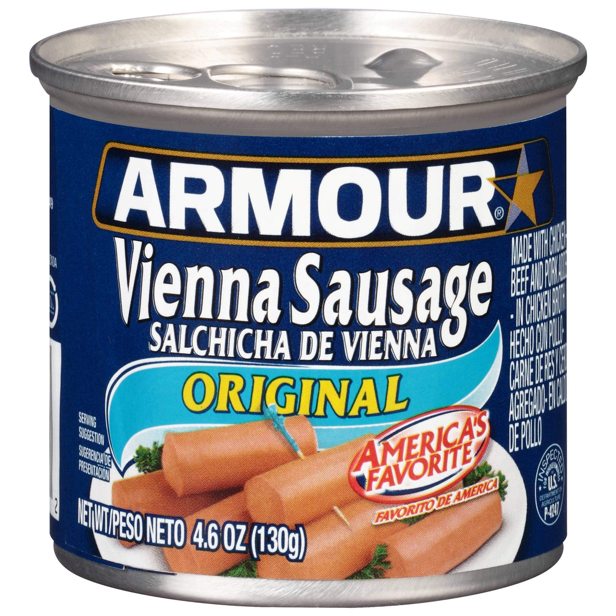 Armour Star Vienna Sausage original cans, ready-to-eat pantry snack for quick meals.