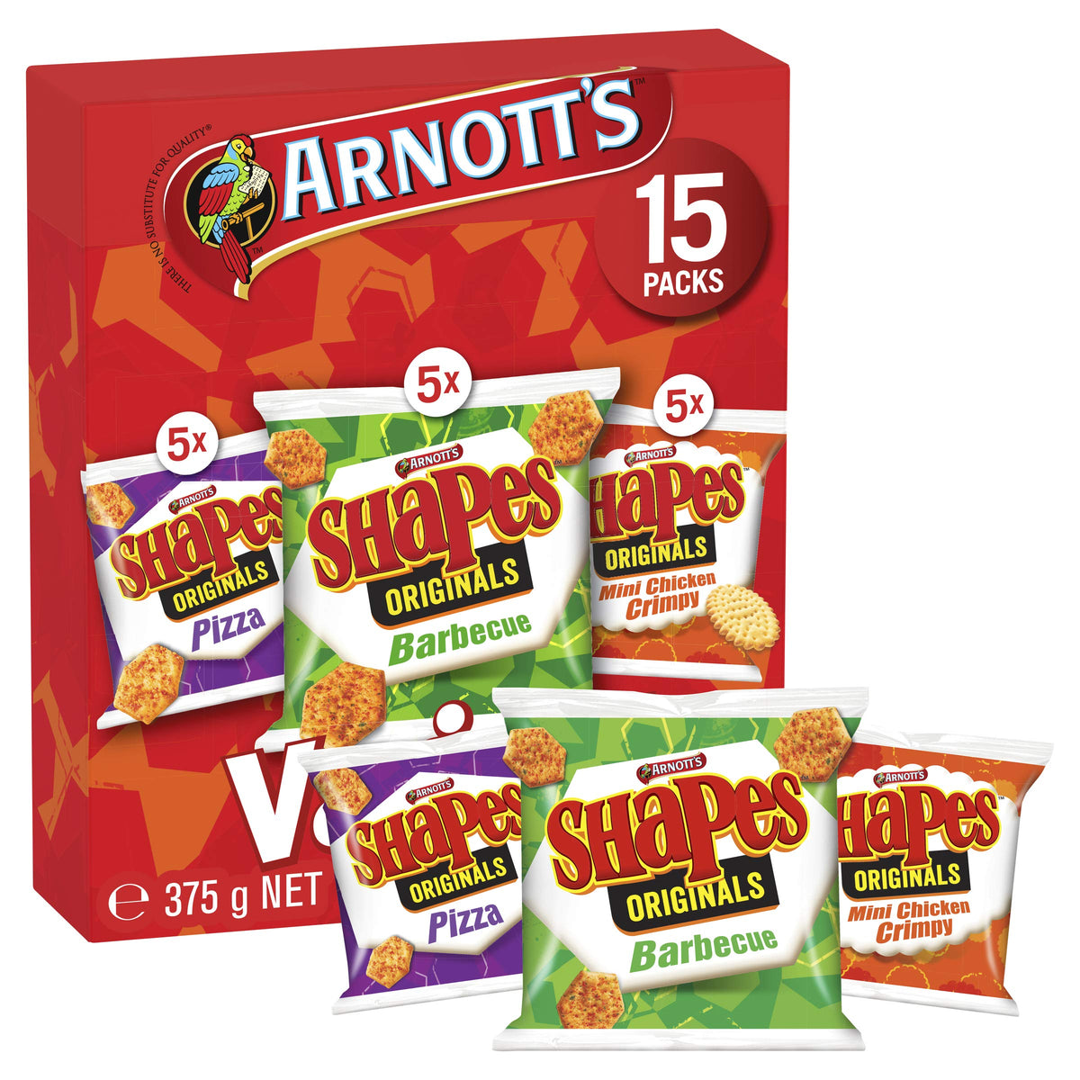Arnott's Shapes Variety 15 Pack snack assortment, perfect for on-the-go snacking and lunchboxes.