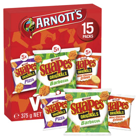 Arnott's Shapes Variety 15 Pack snack assortment, perfect for on-the-go snacking and lunchboxes.