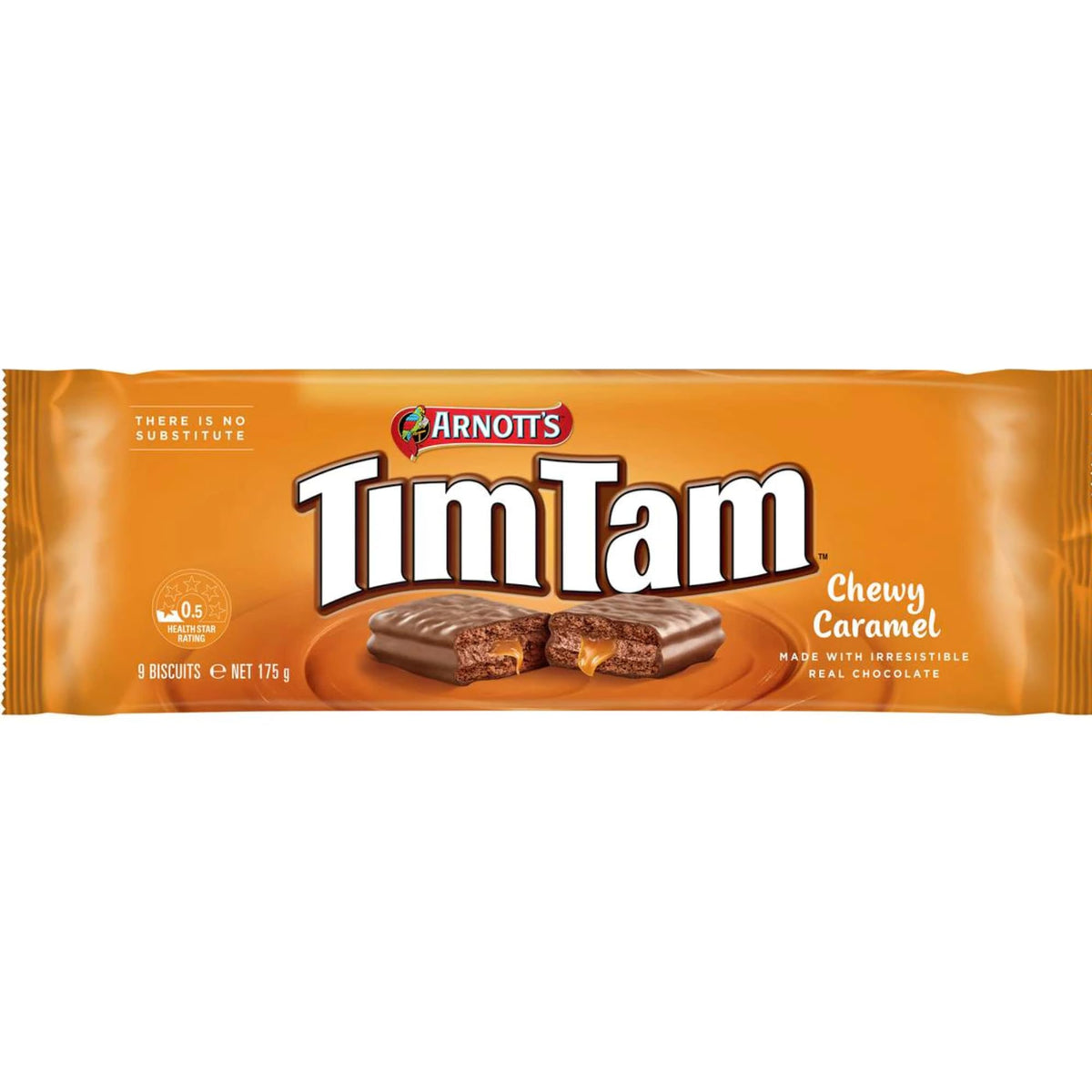 Arnott’s Tim Tam caramel center close-up showing gooey interior and chocolate shell.