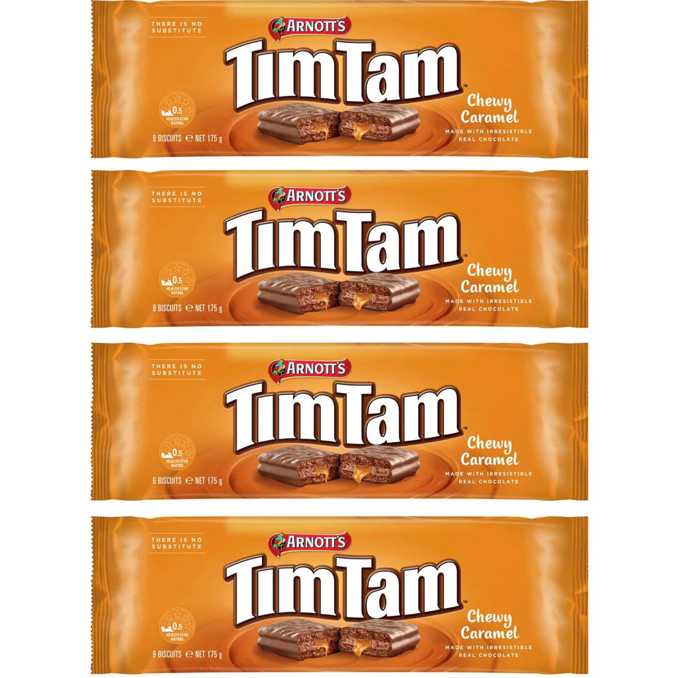 Arnott’s Tim Tam chewy caramel biscuits with chocolate coating, ideal with tea.