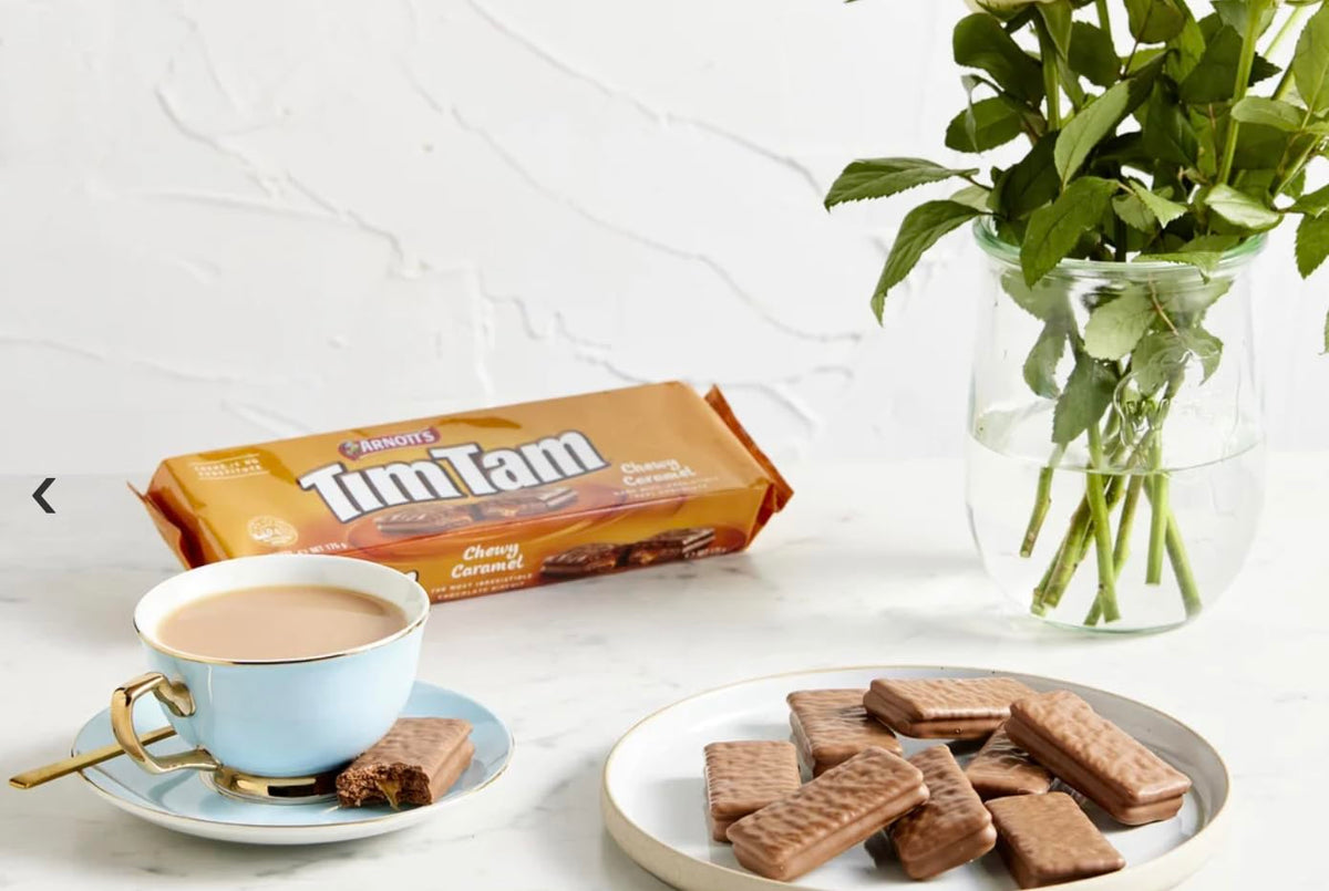 Arnott’s Tim Tam chocolate-coated biscuit, crisp layers ideal with tea.
